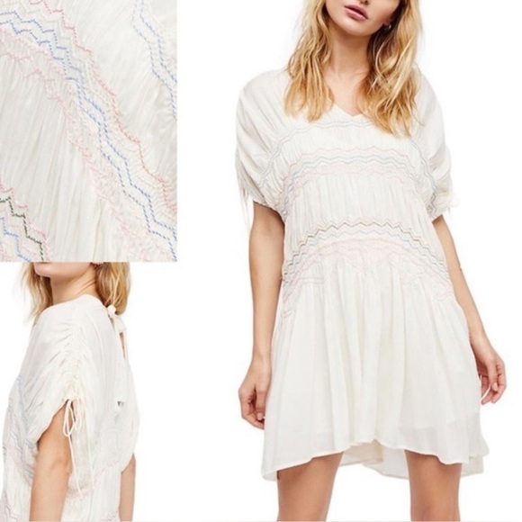 Free People Womens Ivory Embroidered Short Sleeve Dress Sz S like new condition - Picture 3 of 15